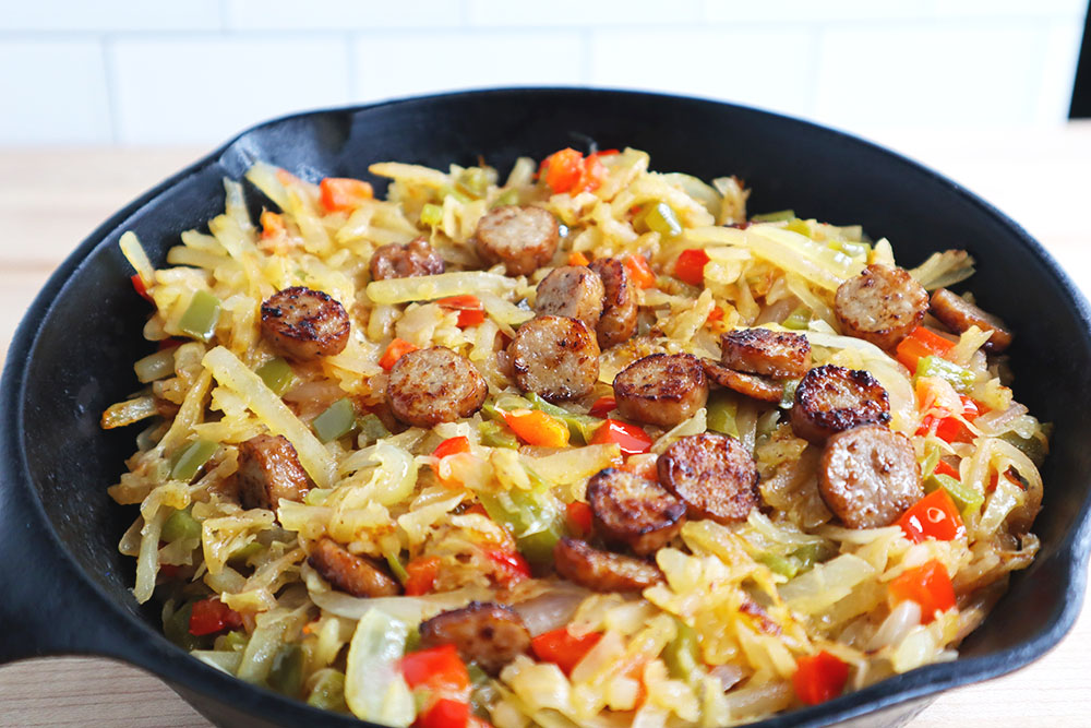 Sauerkraut Hashbrowns 1000x667 Image of our Sauerkraut Hashbrowns recipe in a cast iron skillet