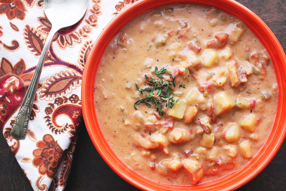 Peppercorn-Bacon-and-Tomato-Shrimp-Chowder Recipe Photo of our Peppercorn Bacon and Tomato Shrimp Chowder