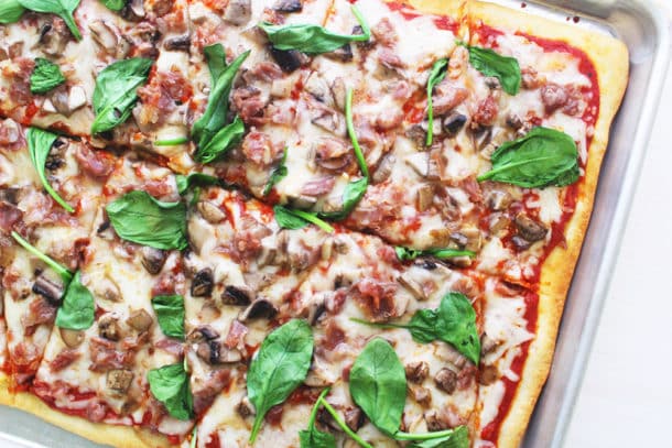 Recipe Photo of our Spinach, Mushroom, and Prosciutto Pizza