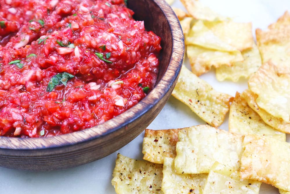Strawberry Bruschetta with Lasagna Chips 1000x667 Recipe Image of our Strawberry Bruschetta with Lasagna Chips