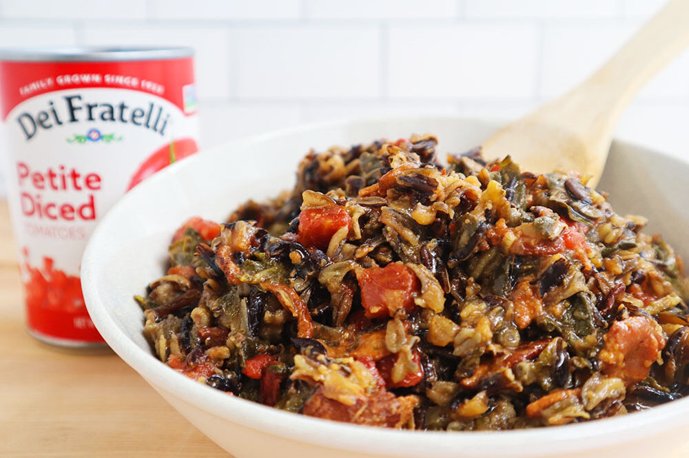 Image of our Wild Rice Salad with Bacon and Tomatoes recipe in a white bowl